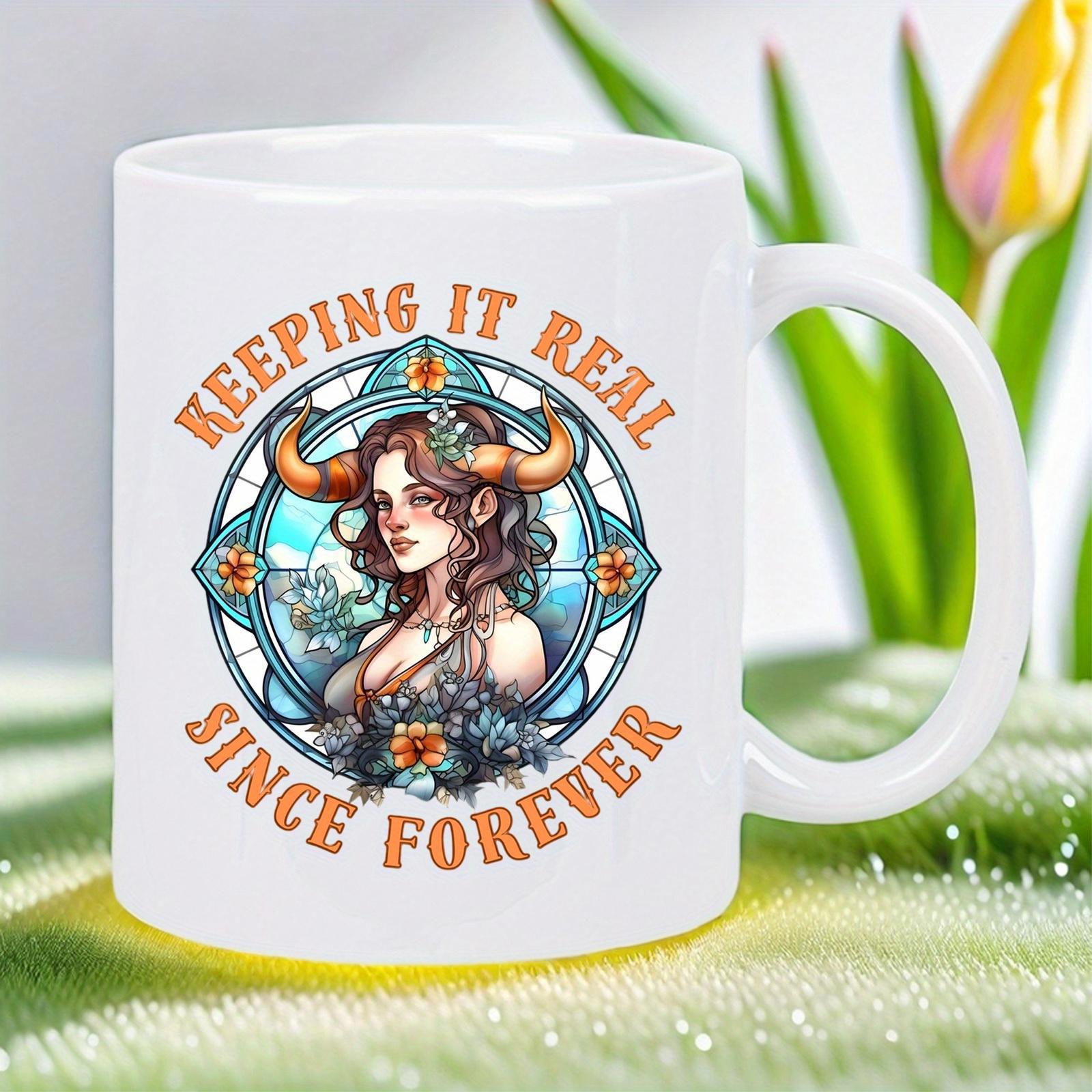 Tailorly White Ceramic 11 oz Mug - Keeping It Real Since Forever Artistic Horned Woman In Stained Glass Frame With Elegant Floral Details Taurus