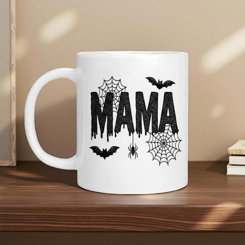 Tailorly White Ceramic 11 oz Mug - Mama Spooky Halloween Theme With Flying Bats And Hanging Spider Webs Mama
