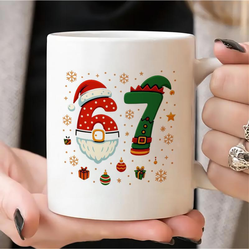 Tailorly White Ceramic 11 oz Mug - Playful Christmas Number Six And Seven With Decorative Holiday Symbols Gnome