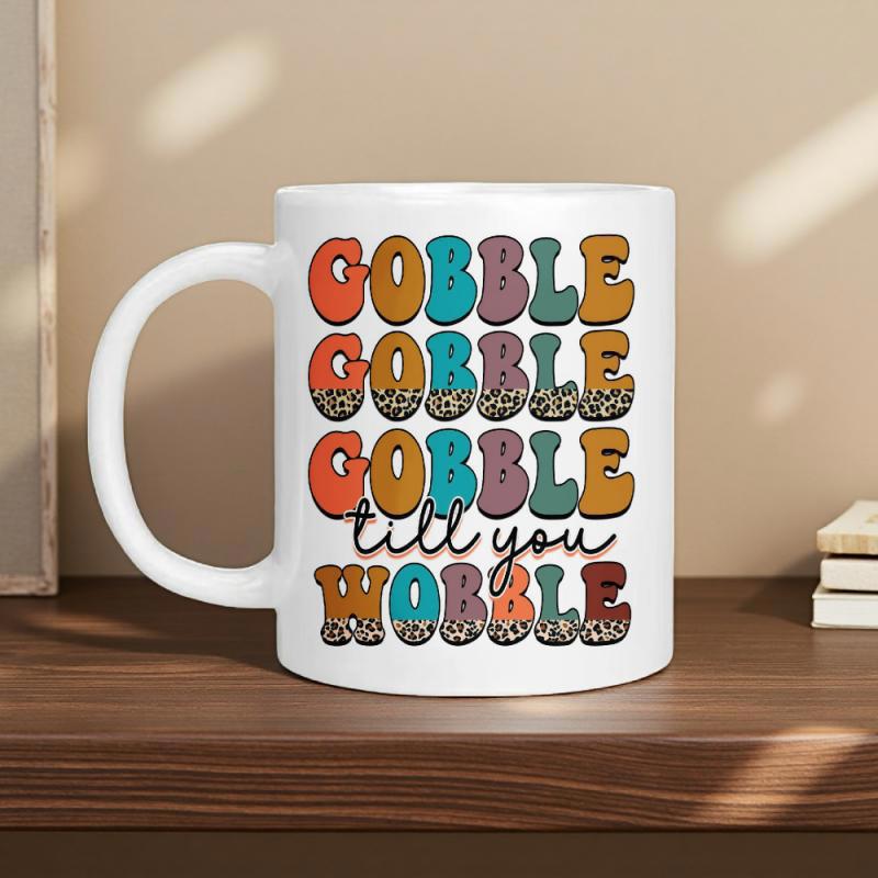 Tailorly White Ceramic 11 oz Mug - Gobble Gobble Gobble Till You Wobble Retro Vintage Colorful Typography Featuring Leopard Print Patterns Under Earthy Tones Mug