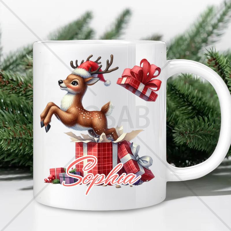 Tailorly White Ceramic 11 oz Mug - Sophia Playful Christmas Reindeer Jumping Out Of A Festive Gift Box Reindeer