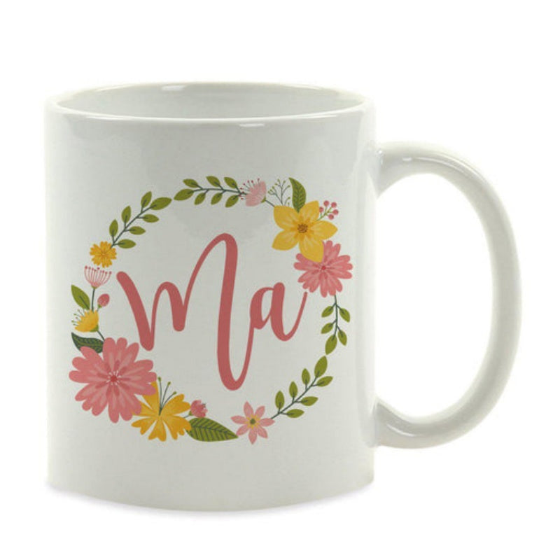 Tailorly White Ceramic 11 oz Mug - Ma Delicate Blooming Pink Flowers Among Green Leaves Forming A Circular Wreath