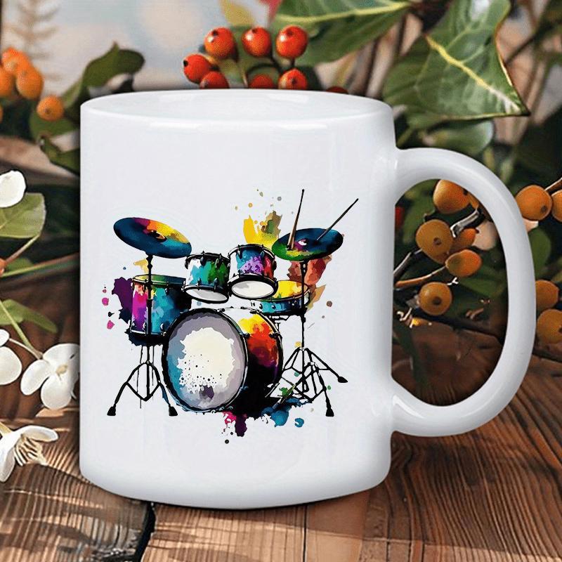 Tailorly White Ceramic 11 oz Mug - Artistic Watercolor Style Vibrant Splashing Ink Musical Percussion Instrument Drum Set