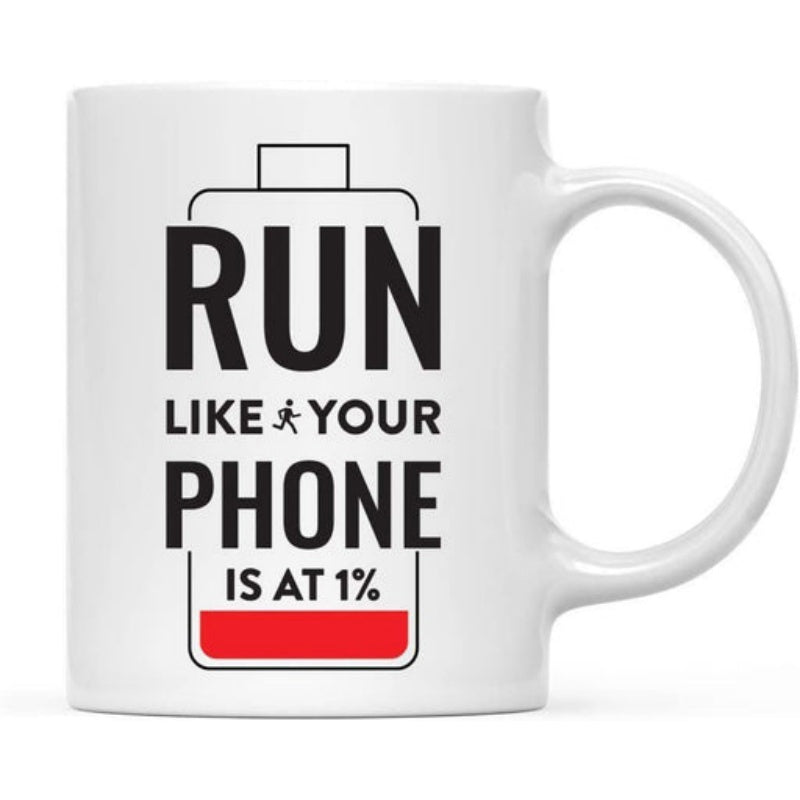 Tailorly White Ceramic 11 oz Mug - Run Like Your Phone Is At 1% Minimalist Battery Icon With Red Low Power Filling And Silhouette Mug