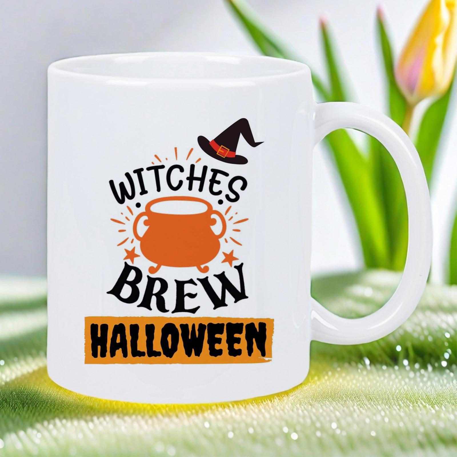 Tailorly White Ceramic 11 oz Mug - Witches Brew Halloween Bubbling Orange Cauldron With Spooky Hat And Magical Stars Mug