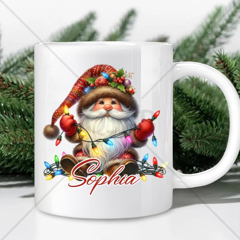 Tailorly White Ceramic 11 oz Mug - Sophia Festive Sitting Santa Gnome Wearing Red Striped Hat Holding Glowing Lights Mug