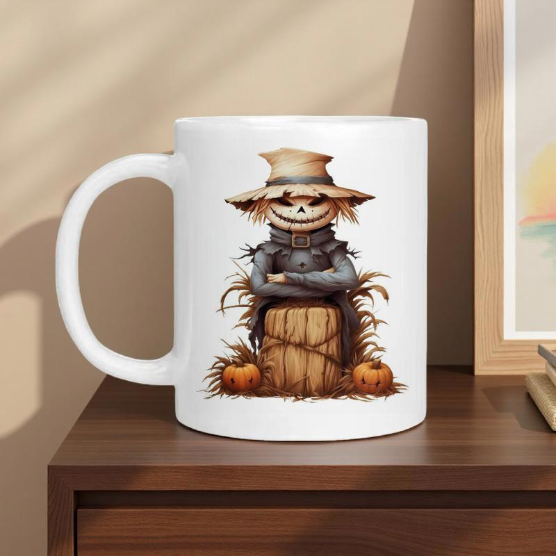 Tailorly White Ceramic 11 oz Mug - Vintage Halloween Graphic With Smiling Figure Sitting On A Wooden Bale Scarecrow