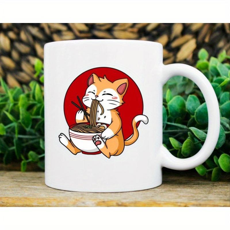 Tailorly White Ceramic 11 oz Mug - Adorable Orange Kitten Slurping Tasty Japanese Noodles Against Circular Crimson Backdrop Cat