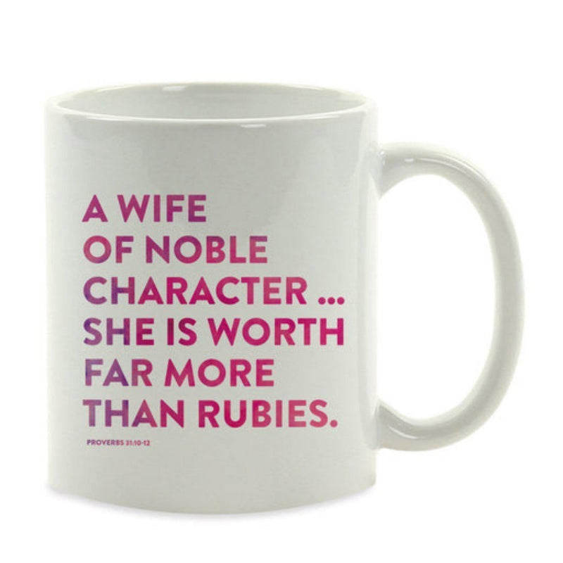Tailorly White Ceramic 11 oz Mug - A Wife Of Noble Character She Is Worth Far More Than Rubies Proverbs Minimalist Purple Typography Featuring Biblical Verse