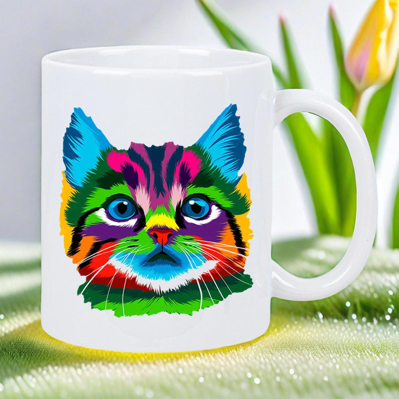Tailorly White Ceramic 11 oz Mug - Vibrant Neon Colors Featuring A Stylized Artistic Pop Art Animal Cat
