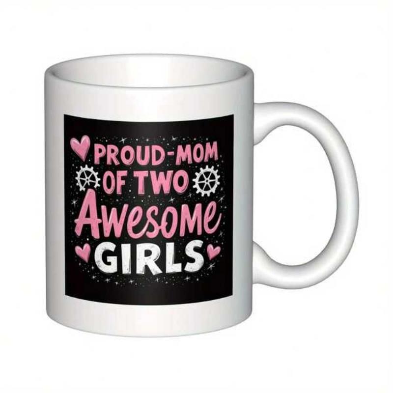 Tailorly White Ceramic 11 oz Mug - Proud Mom Of Two Awesome Girls Decorated With Pink Hearts Gear Square Mug