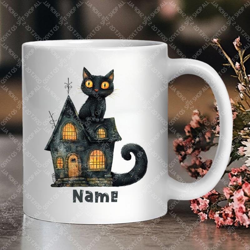 Tailorly White Ceramic 11 oz Mug - Name Spooky Haunted House With Glowing Windows And Large Eyed Black Cat