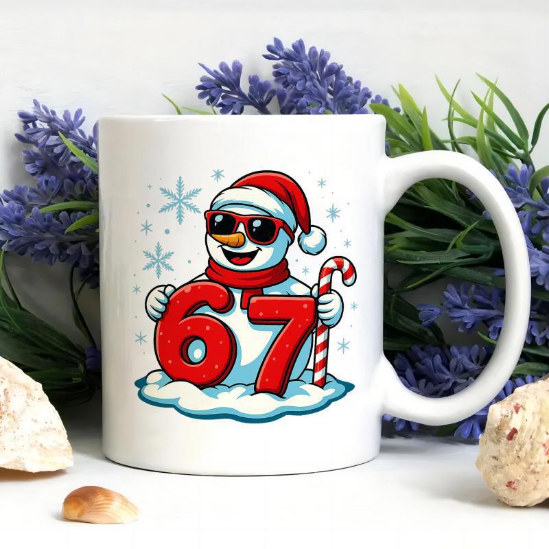 Tailorly White Ceramic 11 oz Mug - Cool Cartoon Character Wearing Sunglasses And Santa Hat Beside Large Numbers Snowman