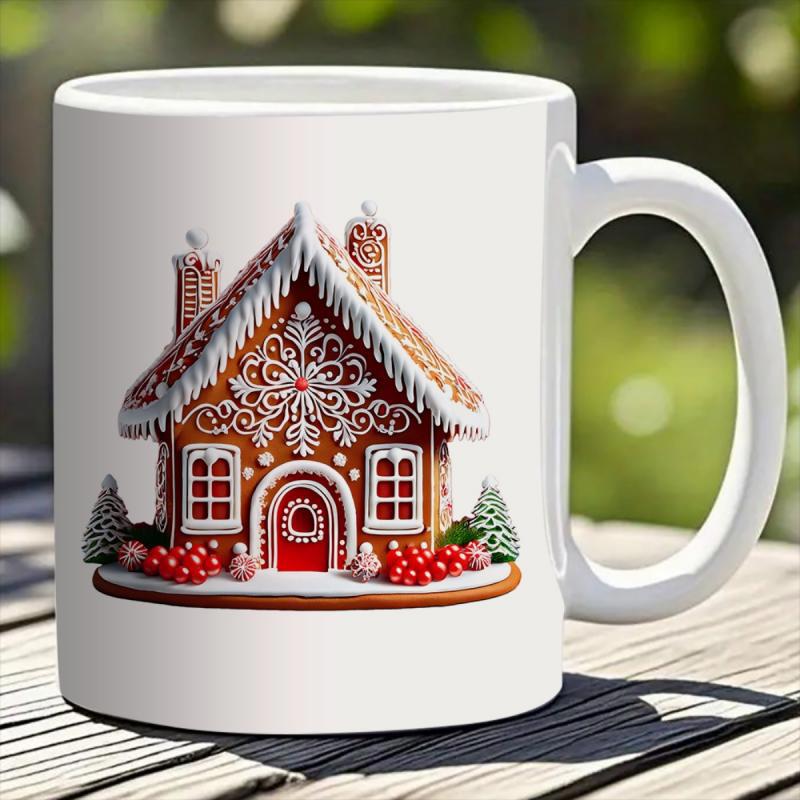 Tailorly White Ceramic 11 oz Mug - Festive Snowy Roof Decorated With White Icing And Red Berries Gingerbread House
