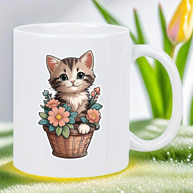 Tailorly White Ceramic 11 oz Mug - Adorable Brown Tabby Kitten Resting Among Colorful Blooming Spring Garden Flowers Cat