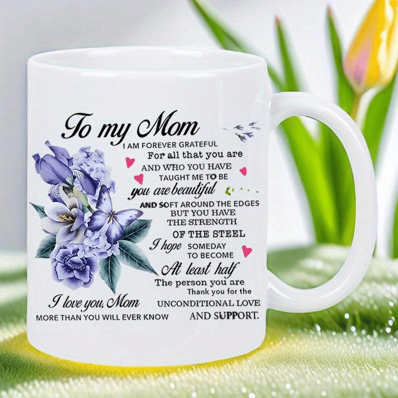 Tailorly White Ceramic 11 oz Mug - To My Mom Blooming Purple Flowers With Delicate Green Leaves And Small Fluttering Birds Flower