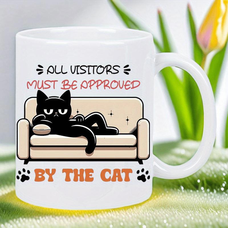 Tailorly White Ceramic 11 oz Mug - All Visitors Must Be Approved By The Cat Grumpy Black Cat Lounging Comfortably On A Tan Sofa Cat