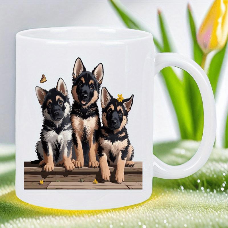 Tailorly White Ceramic 11 oz Mug - Three Adorable Puppies Sitting Together Upon A Rustic Weathered Wooden Porch German Shepherd