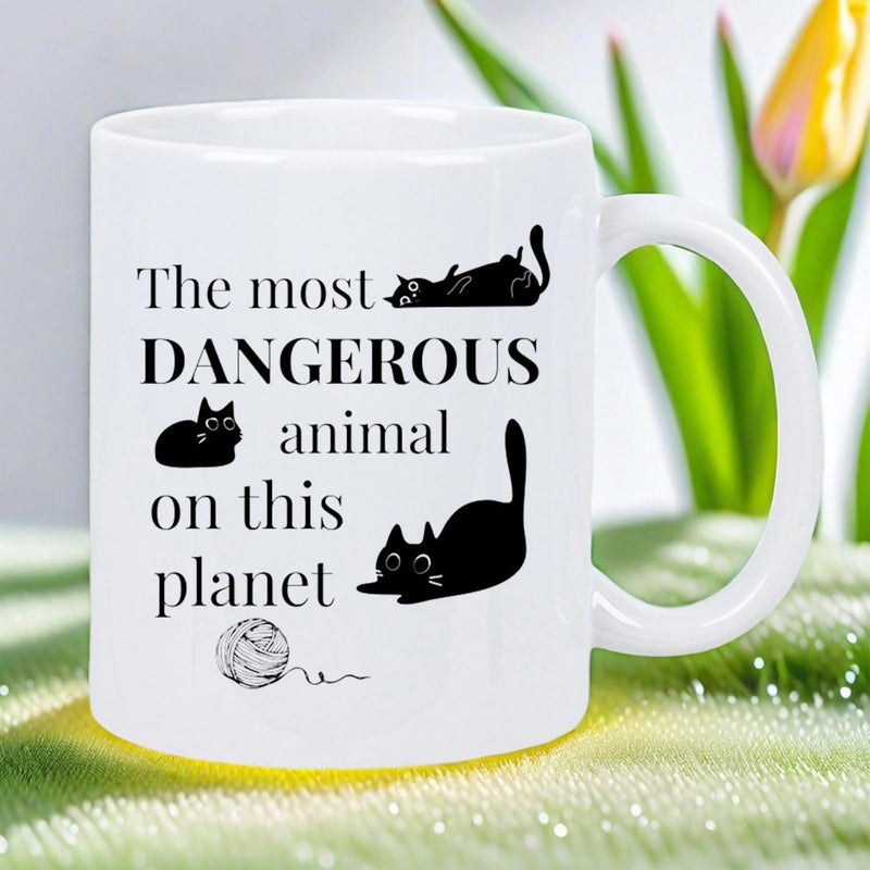 Tailorly White Ceramic 11 oz Mug - The Most Dangerous Animal On This Planet Playful Black Silhouettes Of Resting And Pouncing Cats Cat
