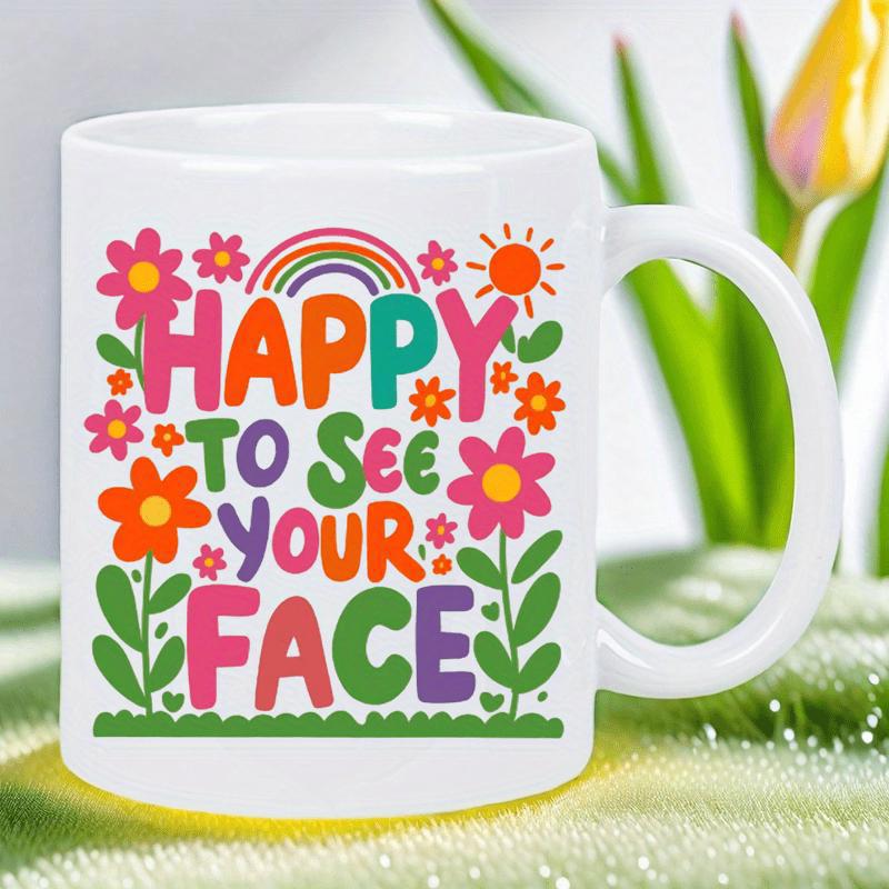Tailorly White Ceramic 11 oz Mug - Happy To See Your Face Vibrant Retro Blossoms Under A Radiant Sun And Colorful Arching Rainbow Flowers