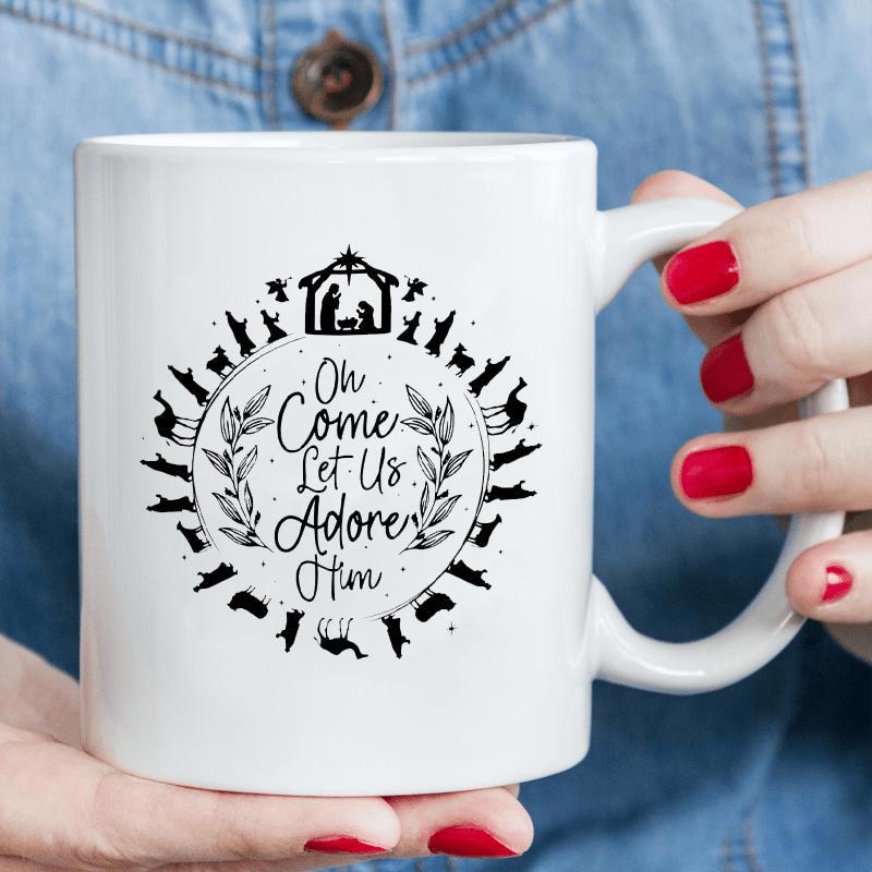 Tailorly White Ceramic 11 oz Mug - O Come Let Us Adore Him Festive Nativity Scene Surrounded By Silhouettes Of Playful Holiday Wreath Cat