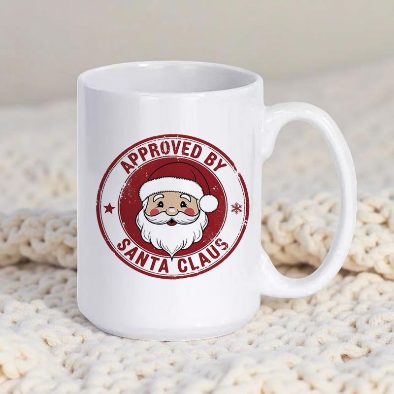 Tailorly White Ceramic 11 oz Mug - Approved By Santa Claus Vintage Circular Red Stamp With A Smiling Jolly Bearded Santa Claus