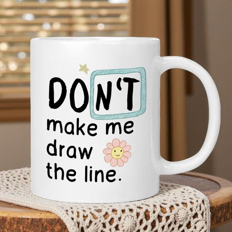 Tailorly White Ceramic 11 oz Mug - Dont Make Me Draw The Line Minimalist Featuring Cute Pink Smiling Flower Among Blue Frame Mug