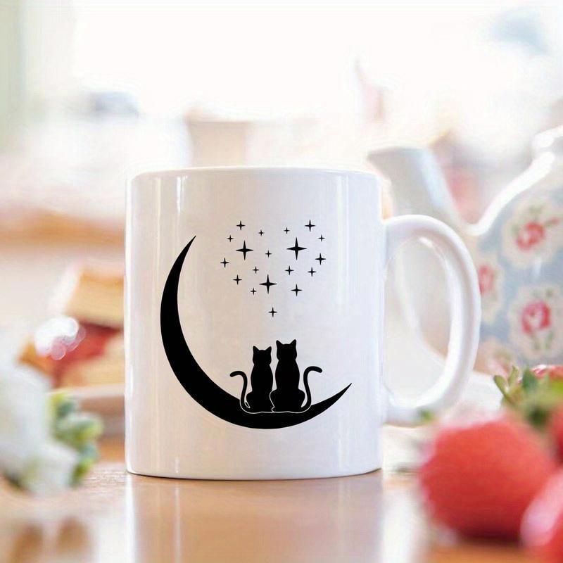 Tailorly White Ceramic 11 oz Mug - Whimsical Feline Silhouettes Sitting On Crescent Moon Under Heart Shaped Stars Cat