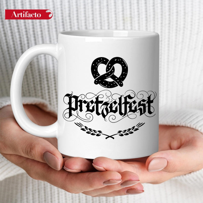 Tailorly White Ceramic 11 oz Mug - Pretzelfest Handcrafted Metal Style With Decorative Wheat And Ornate Swirls Pretzel