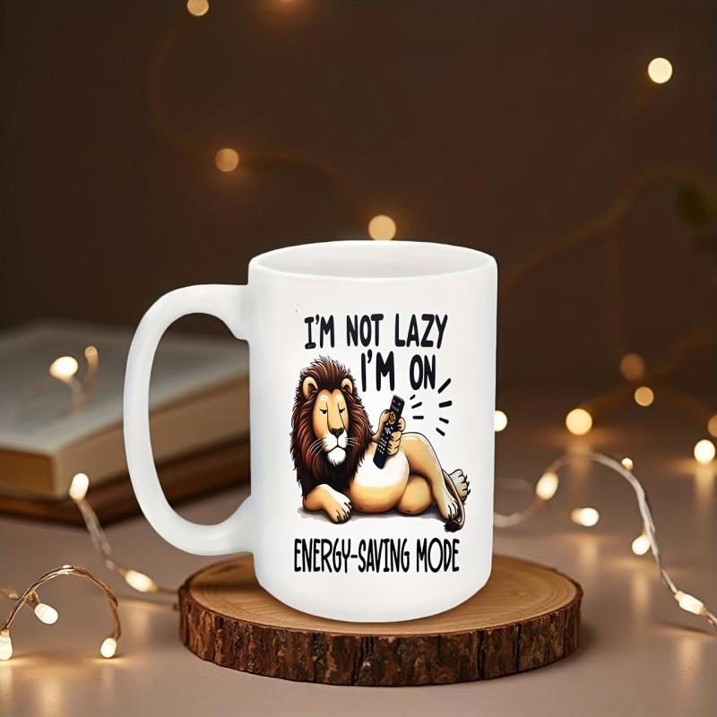Tailorly White Ceramic 11 oz Mug - I'm Not Lazy I'm On Energy-saving Mode Humorous Reclining Cartoon Lion Holding Remote Control In Relaxed Lazy Pose Lion