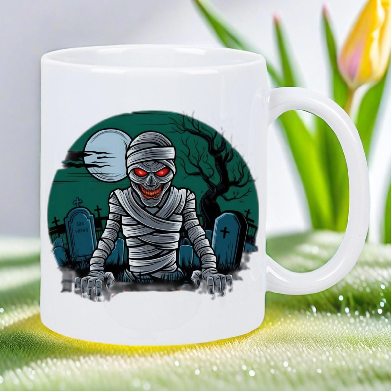Tailorly White Ceramic 11 oz Mug - Spooky Graveyard At Night Under Full Moon With Creepy Ancient Mummy