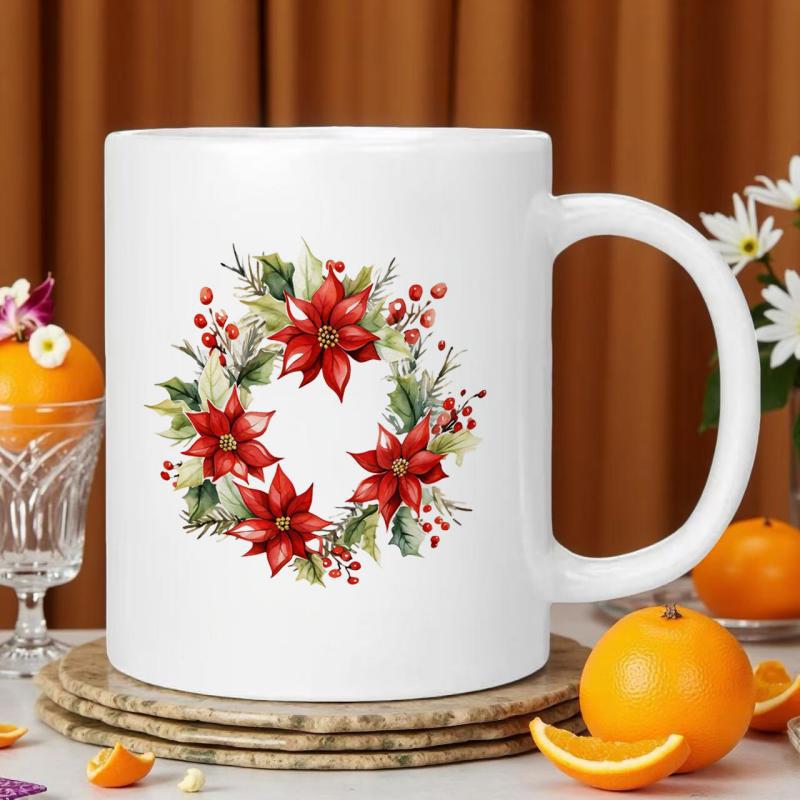 Tailorly White Ceramic 11 oz Mug - Festive Red Poinsettias Blooming Within A Lush Green Winter Botanical Arrangement Wreath