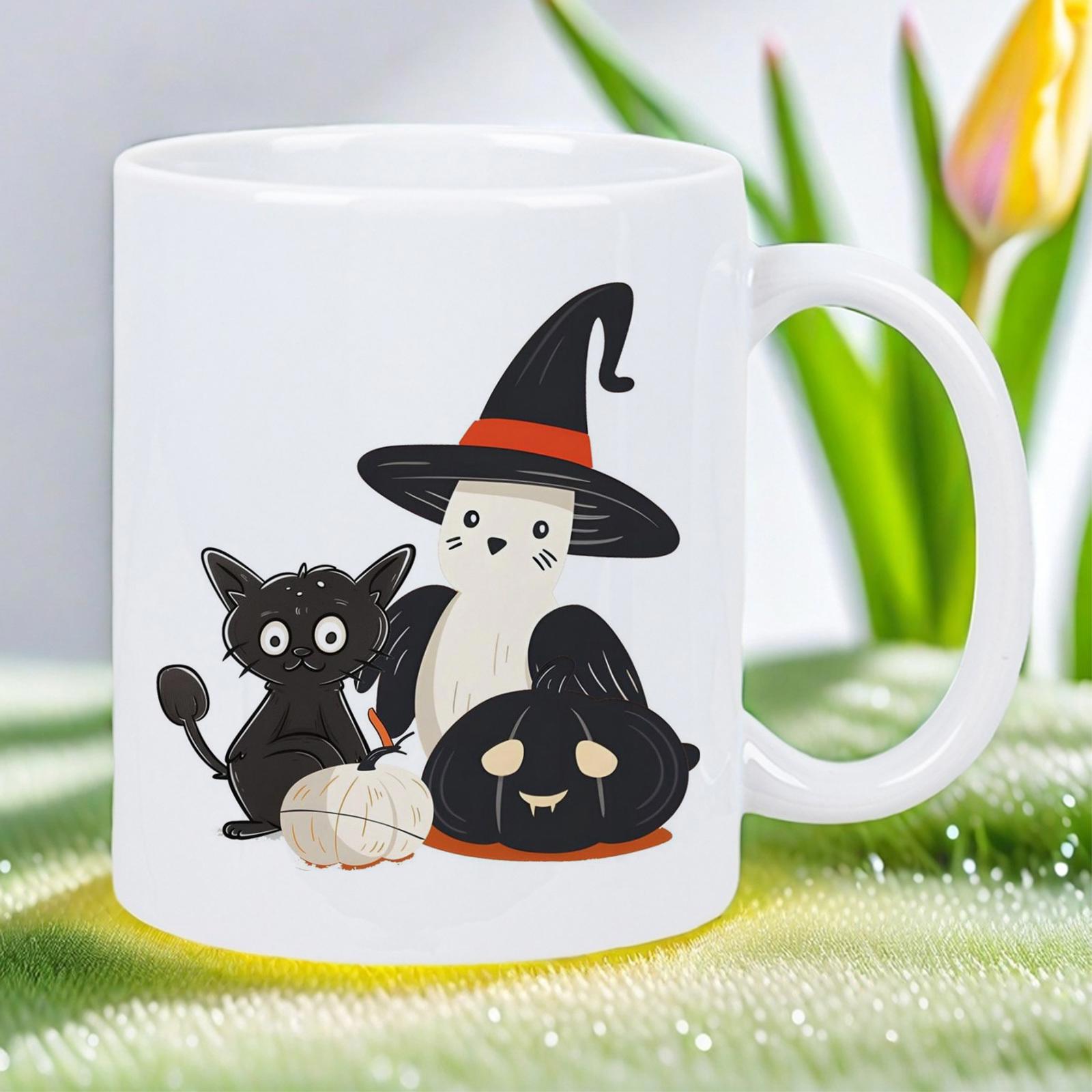 Tailorly White Ceramic 11 oz Mug - Cute Halloween Illustration With Witch Hat Ghost Beside Black Cat And Pumpkin Ghost