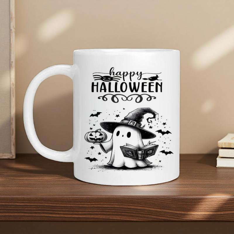 Tailorly White Ceramic 11 oz Mug - Happy Halloween Adorable Little Ghost Wearing Pointy Witch Hat Holding A Carved Pumpkin Ghost
