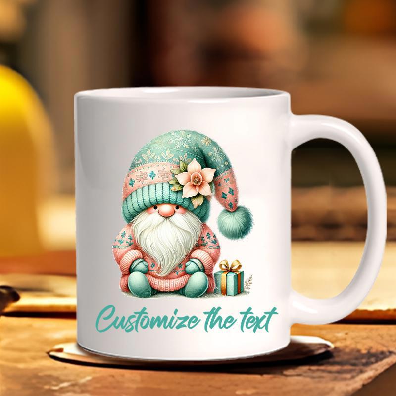 Tailorly White Ceramic 11 oz Mug - Customize The Text Cute Garden Gnome Wearing Knitted Hat With Flower And Cozy Sweater Gnome