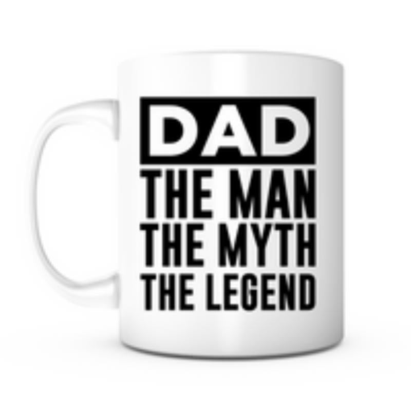 Tailorly White Ceramic 11 oz Mug - Dad The Man The Myth The Legend Bold Minimalist Black Typography Centered On A Simple White Background Sign