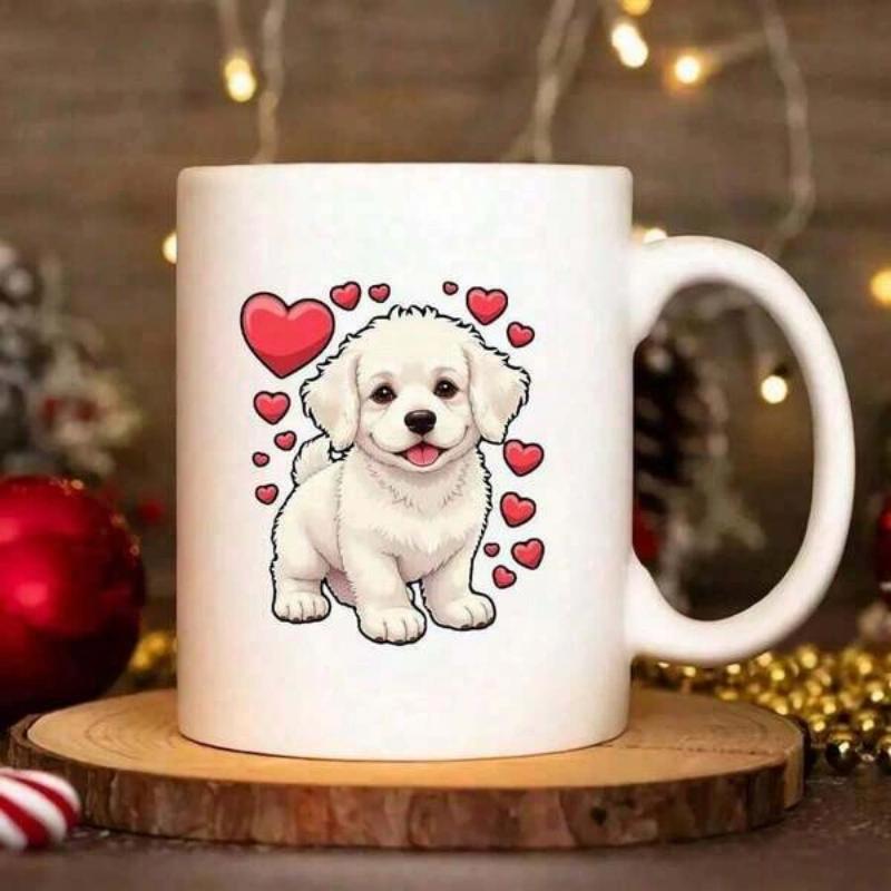 Tailorly White Ceramic 11 oz Mug - Cute Fluffy White Little Dog With Floating Sweet Red Hearts Puppy