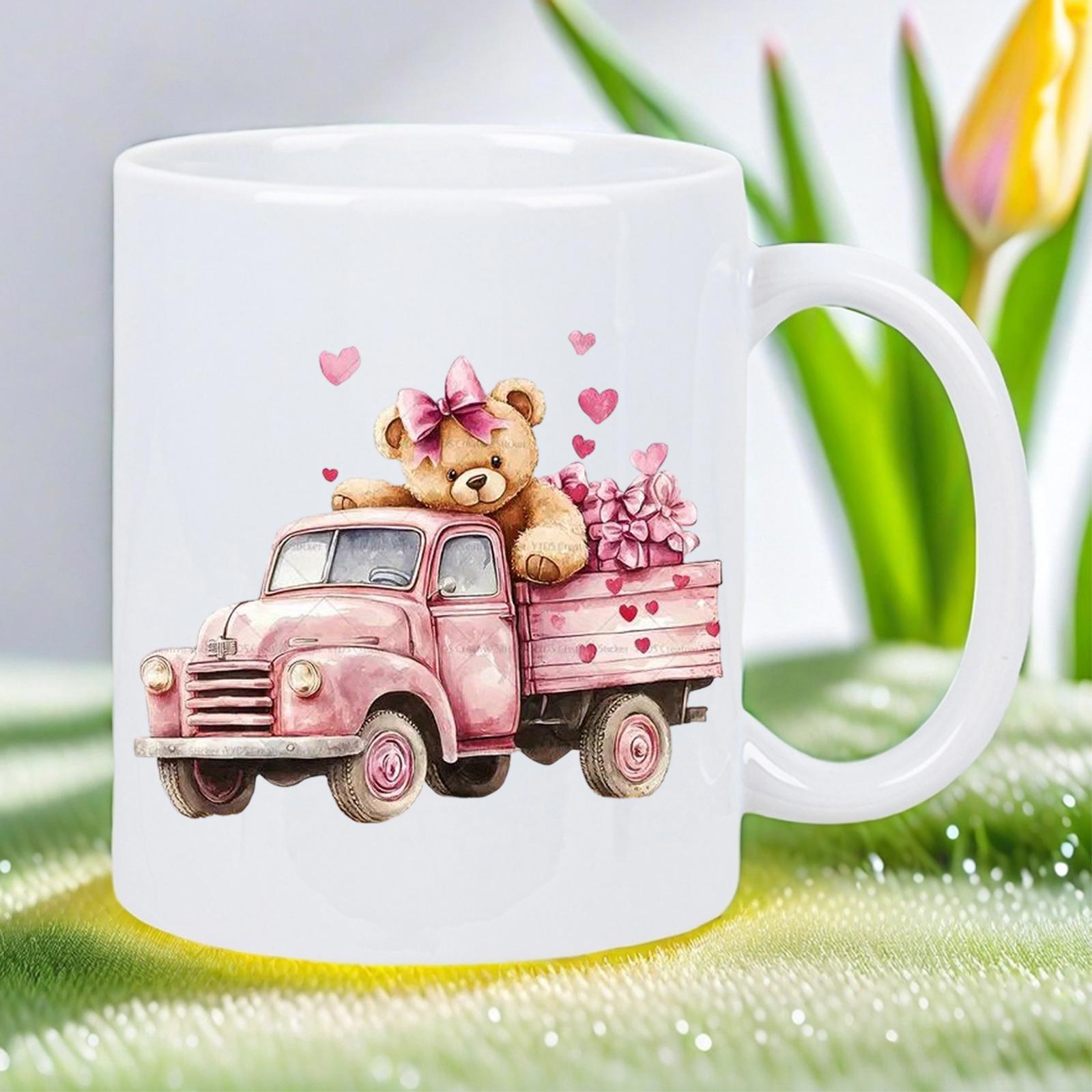 Tailorly White Ceramic 11 oz Mug - Adorable Teddy Bear Wearing Bow Inside Pink Vintage Heart Filled Truck Bear