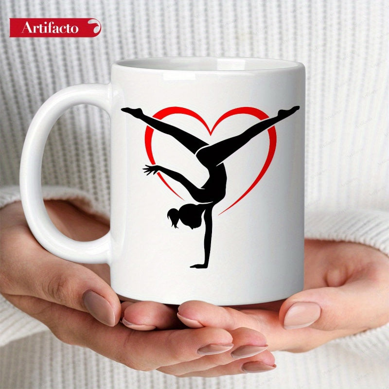 Tailorly White Ceramic 11 oz Mug - Graceful Silhouette Performing Handstand Split Inside A Vibrant Red Heart Gymnast