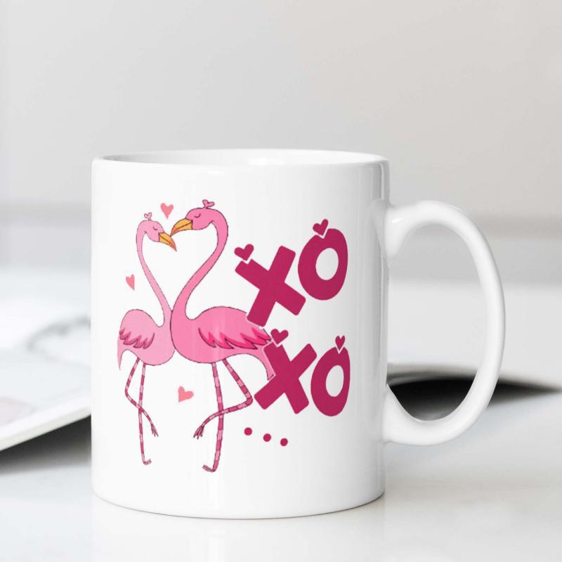 Tailorly White Ceramic 11 oz Mug - Xoxo Two Pink Elegant Birds Forming Heart Shape Under Romantic Hearts Flamingo