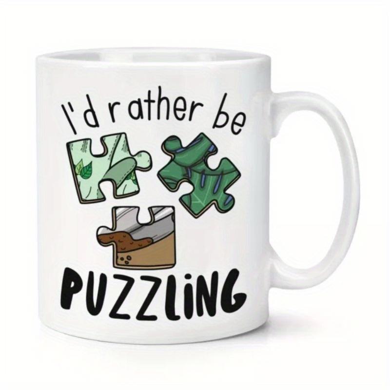Tailorly White Ceramic 11 oz Mug - I'd Rather Be Puzzling Interlocking Colorful Nature Textured Pieces Featuring Small Smiling Face Jigsaw