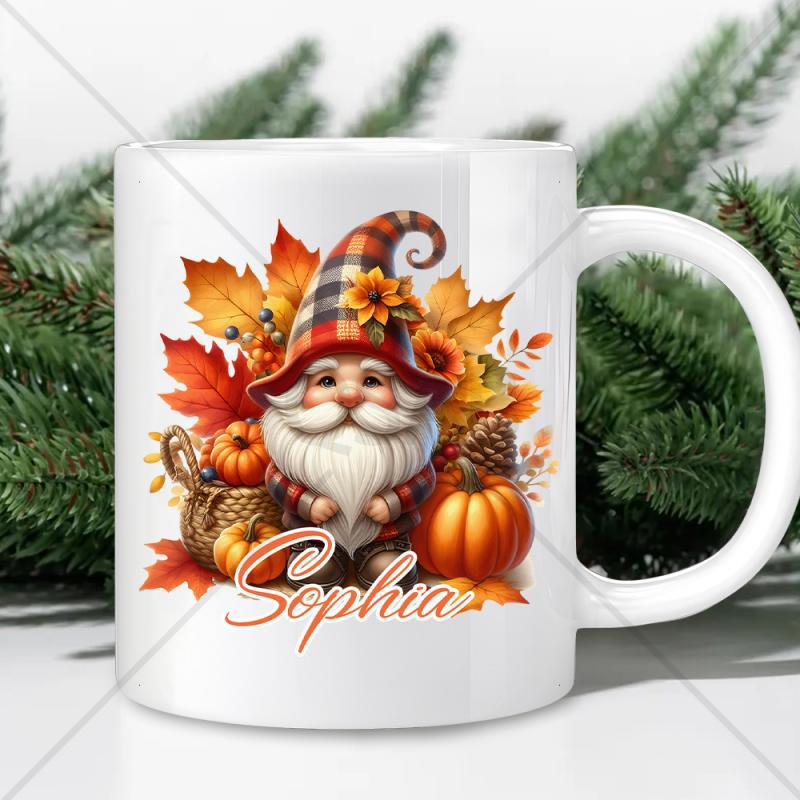 Tailorly White Ceramic 11 oz Mug - Sophia Charming Autumn Scene With Colorful Leaves And Pumpkins Surrounding A Plaid Gnome
