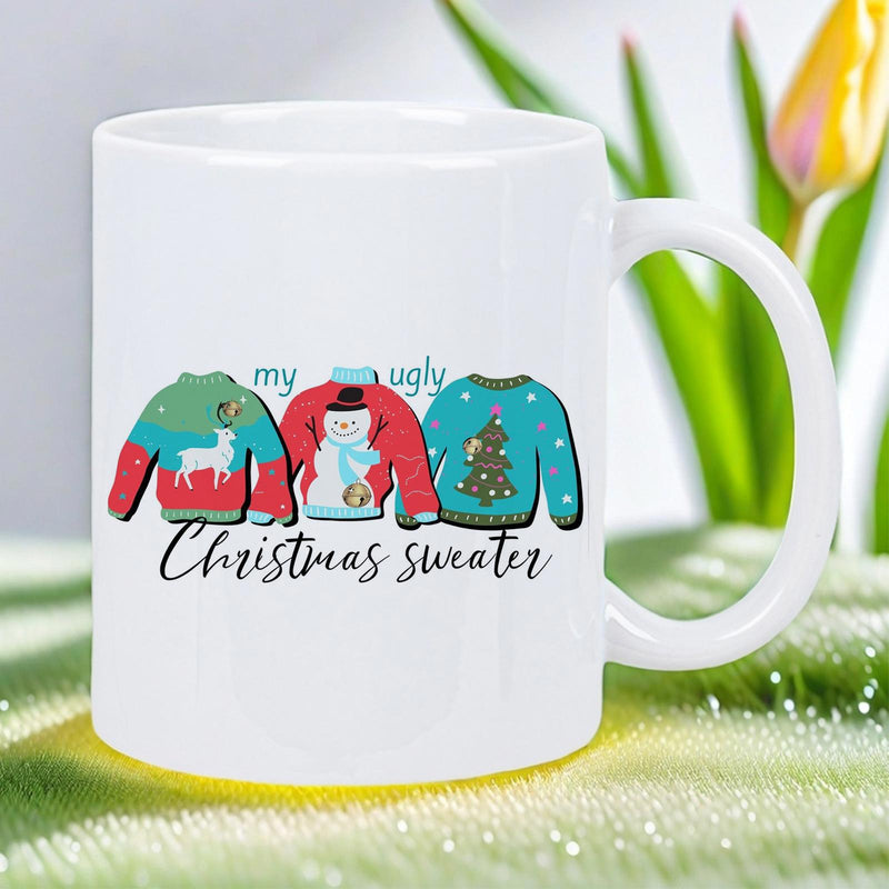 Tailorly White Ceramic 11 oz Mug - My Ugly Christmas Sweater Festive Holiday Garments Featuring Reindeer And Snowman Within Three Colorful Winter Sweater