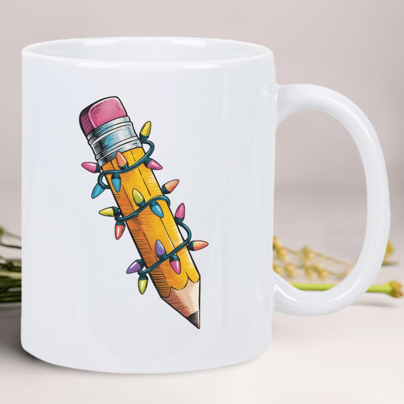 Tailorly White Ceramic 11 oz Mug - Yellow School Pencil Wrapped In Colorful Festive Holiday String Lights Pencil