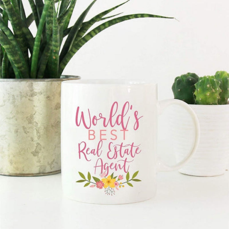 Tailorly White Ceramic 11 oz Mug - Worlds Best Real Estate Agent Delicate Floral Arrangement With Pink And Yellow Blooms And Leafy Stems Flower