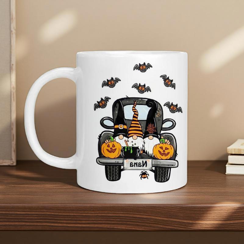 Tailorly White Ceramic 11 oz Mug - Nana Vintage Black Truck Carrying Halloween Gnomes Bats And Pumpkins On Bumper Truck