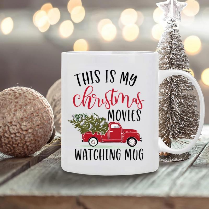 Tailorly White Ceramic 11 oz Mug - This Is My Christmas Movies Watching Mug Vintage Red Truck Carrying A Green Tree Through Snow Under Soft Lights Truck