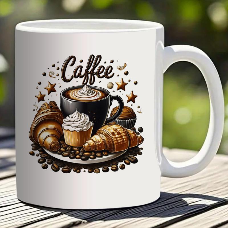 Tailorly White Ceramic 11 oz Mug - Coffee Freshly Brewed Steaming Cup With Golden Croissants And Sweet Dessert Cupcake Mug