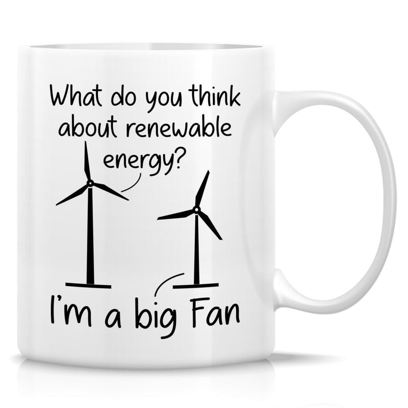 Tailorly White Ceramic 11 oz Mug - What Do You Think About Renewable Energy Im A Big Fan Minimalist Black Ink Silhouettes Standing Under Stylized Playful