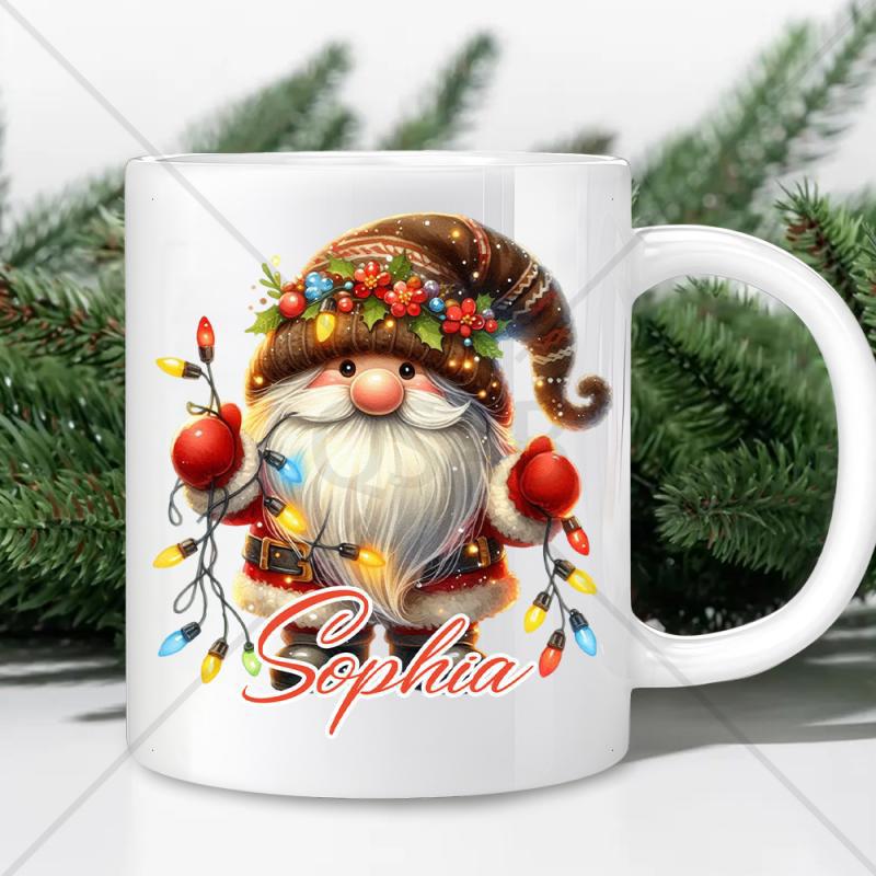 Tailorly White Ceramic 11 oz Mug - Sophia Festive Christmas Gnome Holding Glowing Colorful Fairy Lights Wearing Floral Hat Gnome